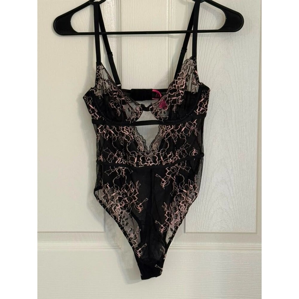 La Senza Lace Teddy Bodysuit Black Pink Floral Mesh Lingerie Women's S